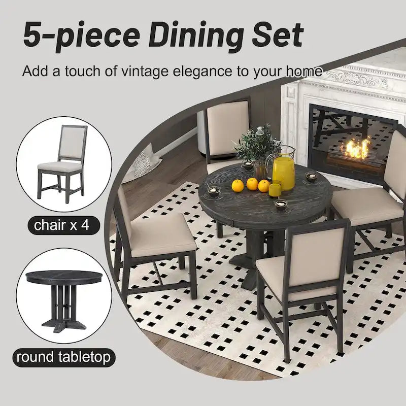 Ensemble de salle à manger rond extensible noir pour 6 personnes, 5 pièces