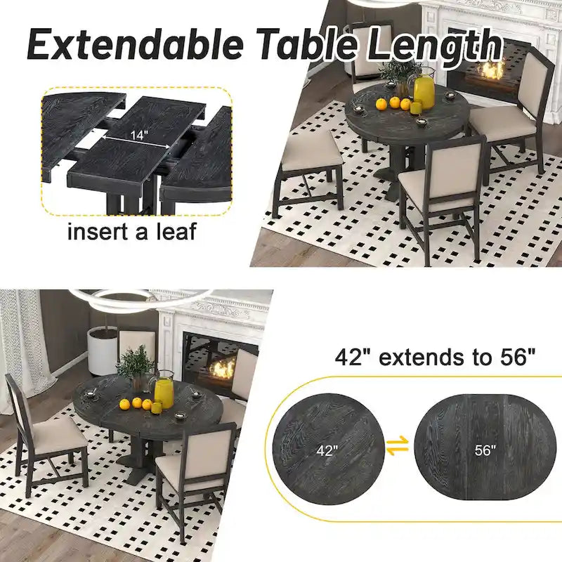 Ensemble de salle à manger rond extensible noir pour 6 personnes, 5 pièces