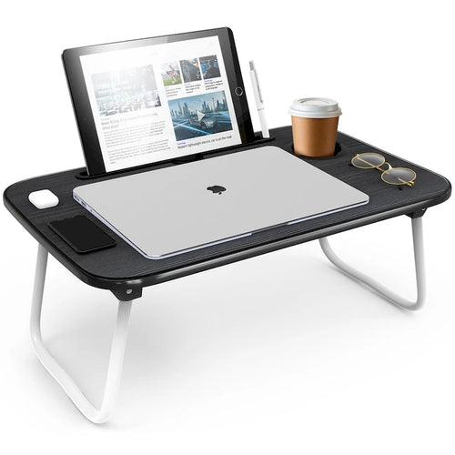 Table de lit pliable noire pour ordinateur portable avec porte-gobelet et porte-stylo, 1 utilisateur