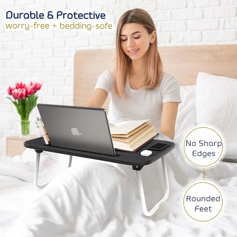 Table de lit pliable noire pour ordinateur portable avec porte-gobelet et porte-stylo, 1 utilisateur