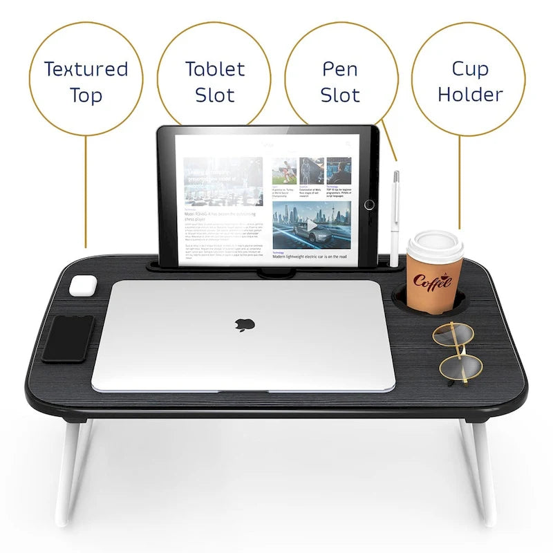 Table de lit pliable noire pour ordinateur portable avec porte-gobelet et porte-stylo, 1 utilisateur