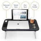 Table de lit pliable noire pour ordinateur portable avec porte-gobelet et porte-stylo, 1 utilisateur