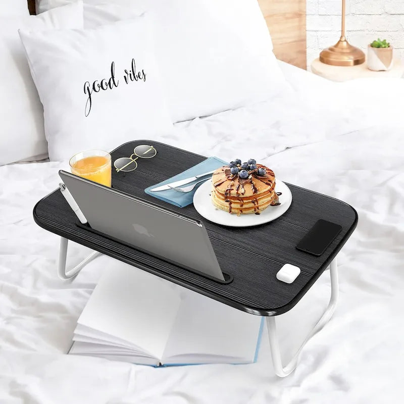 Table de lit pliable noire pour ordinateur portable avec porte-gobelet et porte-stylo, 1 utilisateur