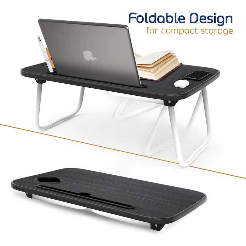 Table de lit pliable noire pour ordinateur portable avec porte-gobelet et porte-stylo, 1 utilisateur