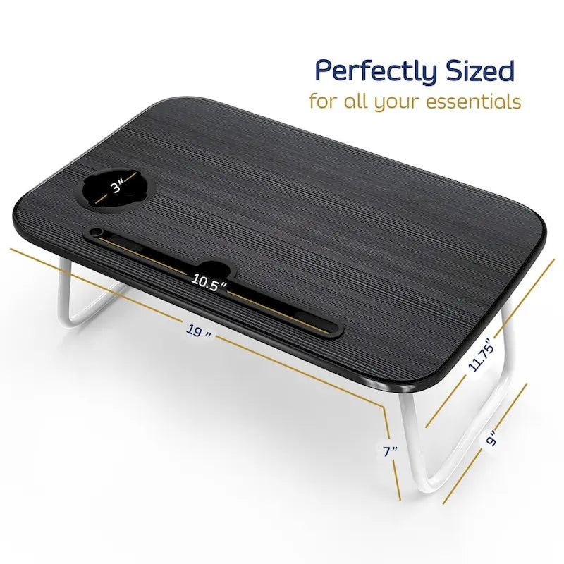 Table de lit pliable noire pour ordinateur portable avec porte-gobelet et porte-stylo, 1 utilisateur