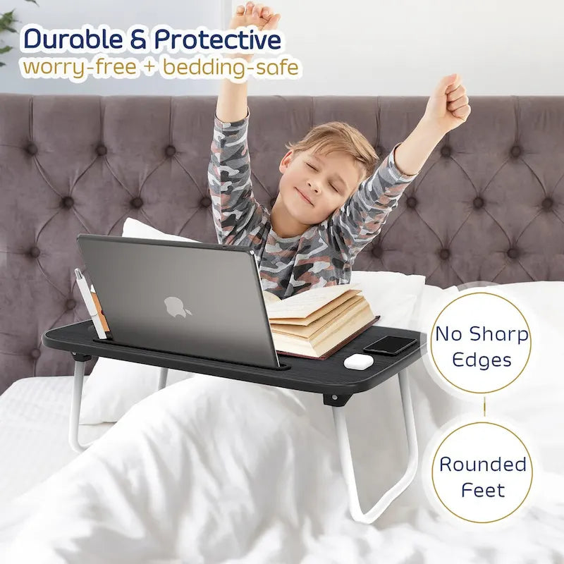 Table de lit pliable noire pour ordinateur portable avec porte-gobelet et porte-stylo, 1 utilisateur