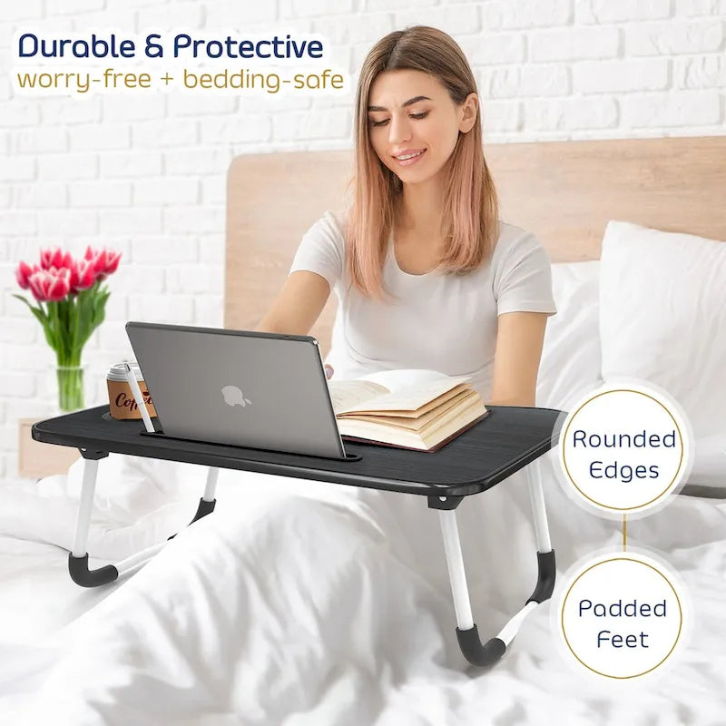 Table de lit pliable noire pour ordinateur portable avec porte-gobelet et porte-stylo, 1 utilisateur