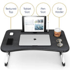 Table de lit pliable noire pour ordinateur portable avec porte-gobelet et porte-stylo, 1 utilisateur