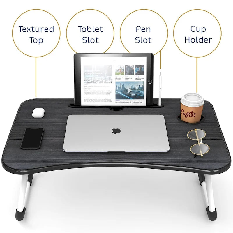 Table de lit pliable noire pour ordinateur portable avec porte-gobelet et porte-stylo, 1 utilisateur