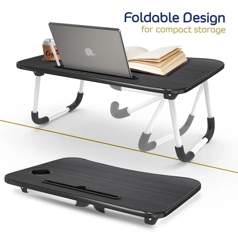 Table de lit pliable noire pour ordinateur portable avec porte-gobelet et porte-stylo, 1 utilisateur