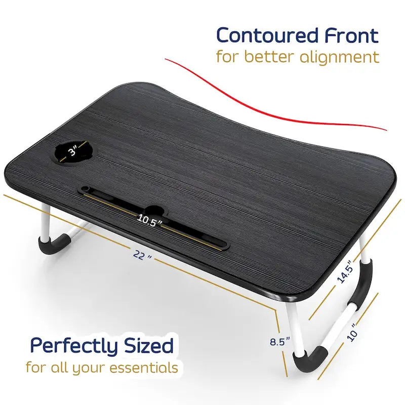 Table de lit pliable noire pour ordinateur portable avec porte-gobelet et porte-stylo, 1 utilisateur
