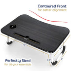Table de lit pliable noire pour ordinateur portable avec porte-gobelet et porte-stylo, 1 utilisateur
