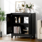 Buffet bas noir à 2 portes en rotin avec étagère réglable
