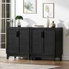 Buffet bas noir à 2 portes en rotin avec étagère réglable