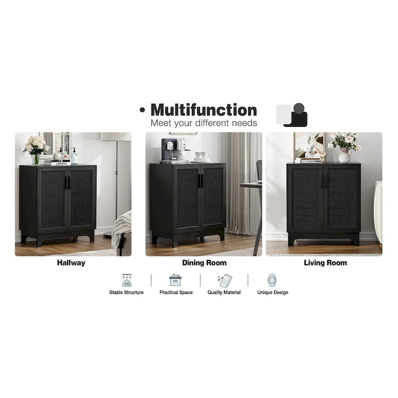 Buffet bas noir à 2 portes en rotin avec étagère réglable