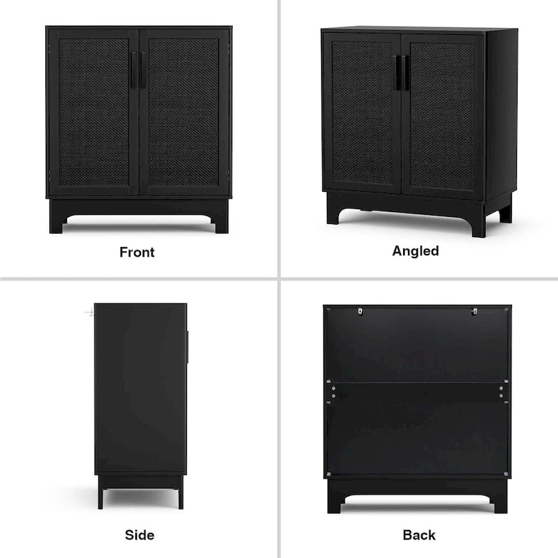 Buffet bas noir à 2 portes en rotin avec étagère réglable