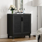 Buffet bas noir à 2 portes en rotin avec étagère réglable