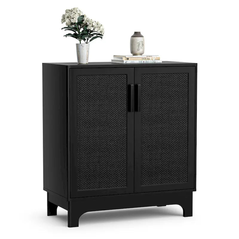 Buffet bas noir à 2 portes en rotin avec étagère réglable