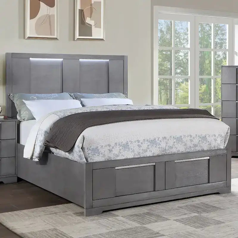 Ensemble de chambre à coucher 6 pièces avec plateforme de rangement et lumières LED, gris, très grand lit/grand lit