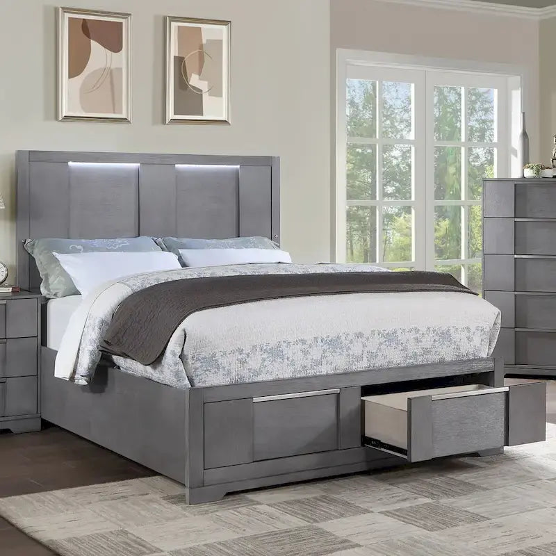 Ensemble de chambre à coucher 6 pièces avec plateforme de rangement et lumières LED, gris, très grand lit/grand lit