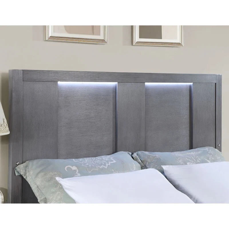 Ensemble de chambre à coucher 6 pièces avec plateforme de rangement et lumières LED, gris, très grand lit/grand lit