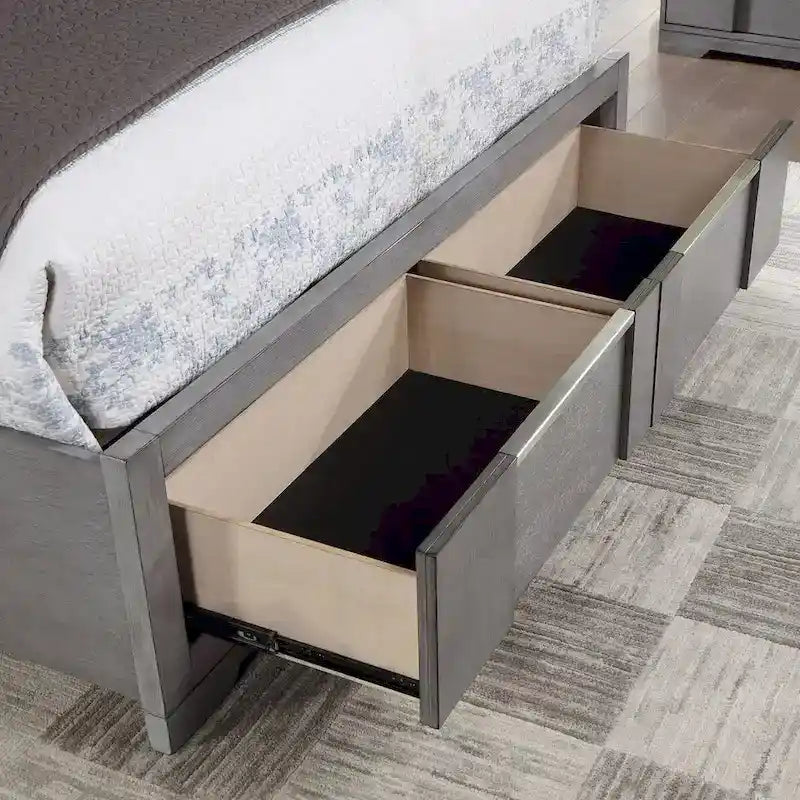 Ensemble de chambre à coucher 6 pièces avec plateforme de rangement et lumières LED, gris, très grand lit/grand lit