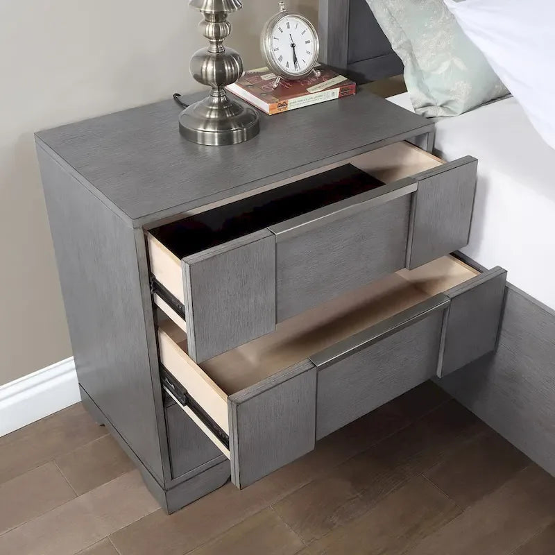 Ensemble de chambre à coucher 6 pièces avec plateforme de rangement et lumières LED, gris, très grand lit/grand lit