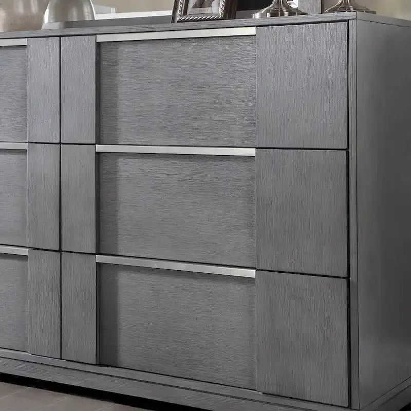 Ensemble de chambre à coucher 6 pièces avec plateforme de rangement et lumières LED, gris, très grand lit/grand lit