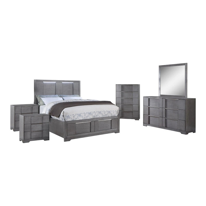 Ensemble de chambre à coucher 6 pièces avec plateforme de rangement et lumières LED, gris, très grand lit/grand lit