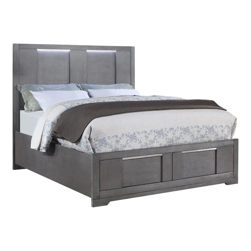 Ensemble de chambre à coucher 6 pièces avec plateforme de rangement et lumières LED, gris, très grand lit/grand lit
