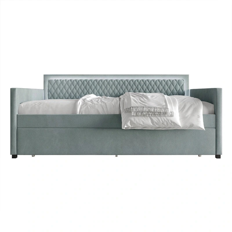 Lit de repos en velours bleu clair/gris avec lit gigogne, 2 personnes