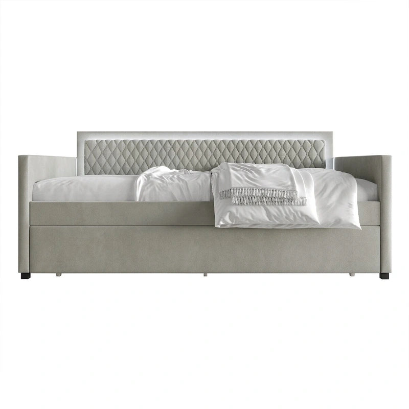 Lit de repos en velours bleu clair/gris avec lit gigogne, 2 personnes