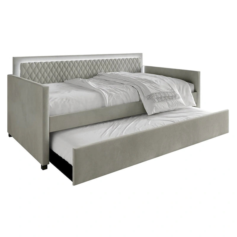 Lit de repos en velours bleu clair/gris avec lit gigogne, 2 personnes