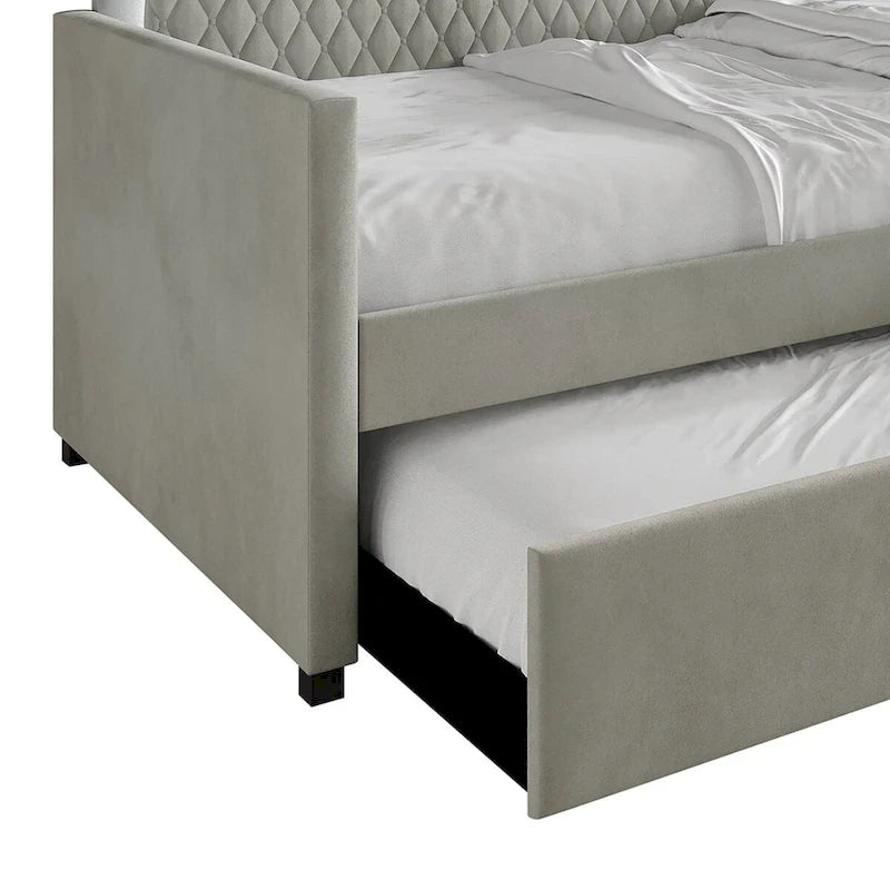 Lit de repos en velours bleu clair/gris avec lit gigogne, 2 personnes