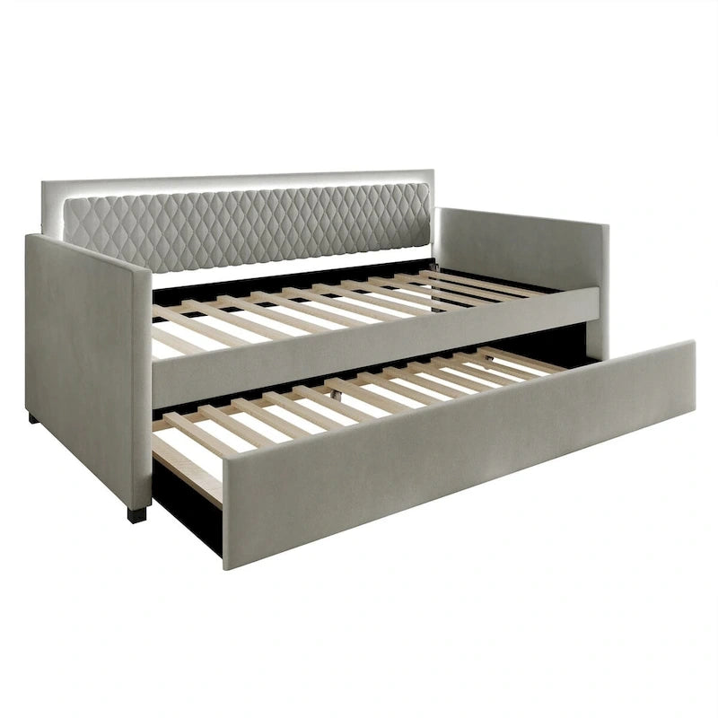 Lit de repos en velours bleu clair/gris avec lit gigogne, 2 personnes