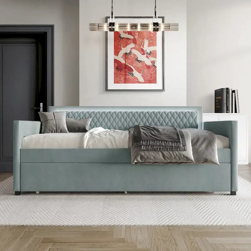 Lit de repos en velours bleu clair/gris avec lit gigogne, 2 places