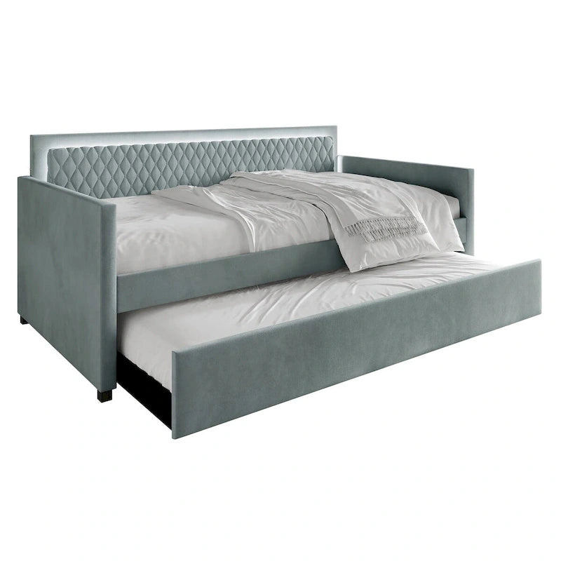 Lit de repos en velours bleu clair/gris avec lit gigogne, 2 places