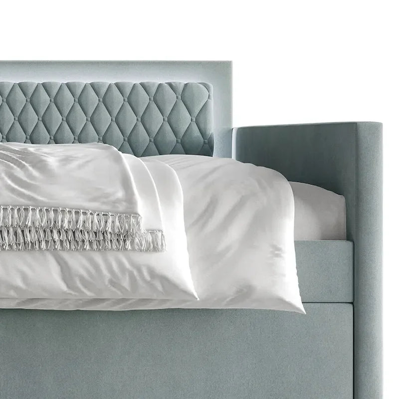 Lit de repos en velours bleu clair/gris avec lit gigogne, 2 places