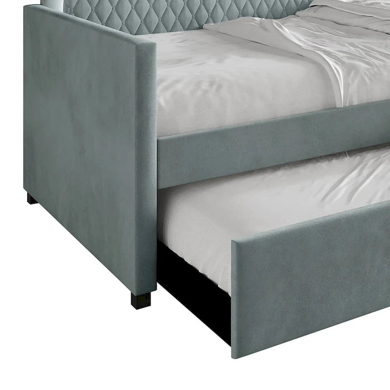 Lit de repos en velours bleu clair/gris avec lit gigogne, 2 places