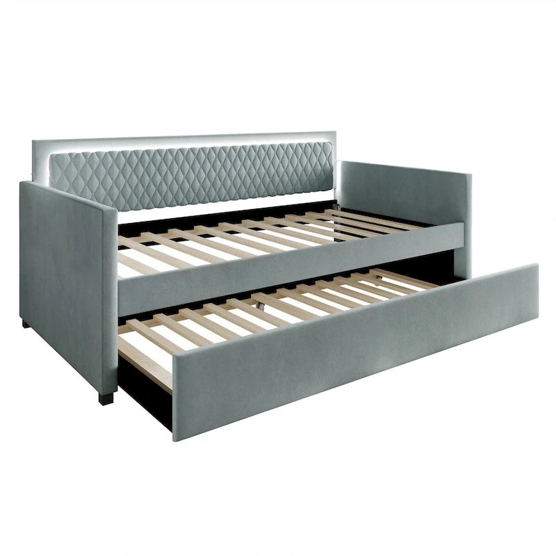 Lit de repos en velours bleu clair/gris avec lit gigogne, 2 places