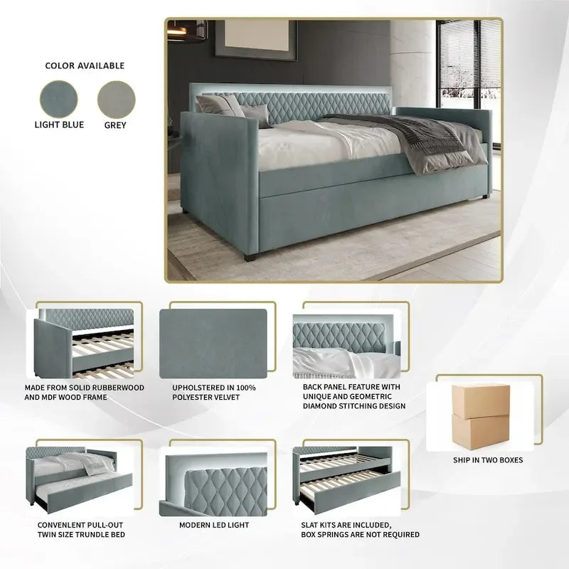 Lit de repos en velours bleu clair/gris avec lit gigogne, 2 places