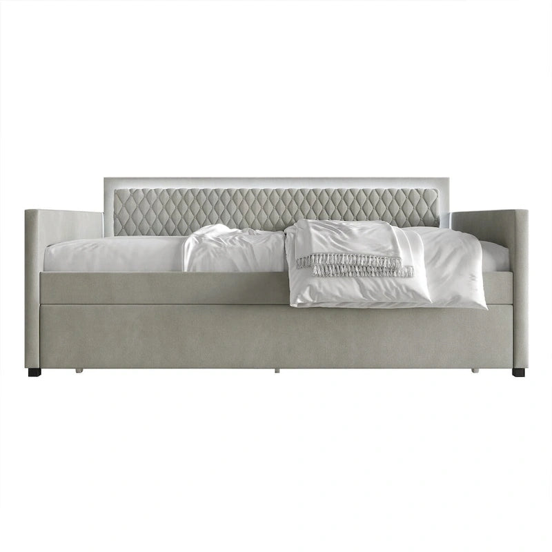 Lit de repos en velours bleu clair/gris avec lit gigogne, 2 places