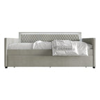 Lit de repos en velours bleu clair/gris avec lit gigogne, 2 places