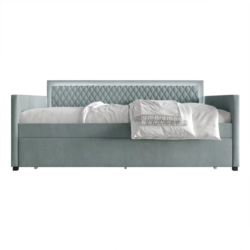 Lit de repos en velours bleu clair/gris avec lit gigogne, 2 places