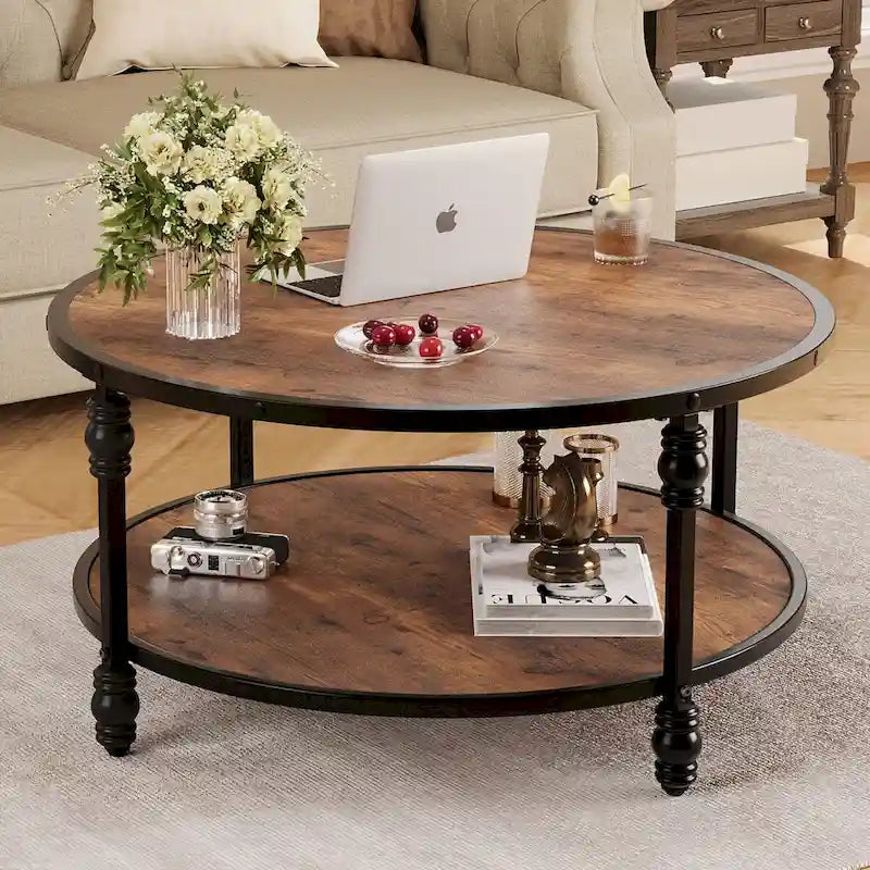 Table Basse Ronde à 2 Niveaux Marron, 1 Personne