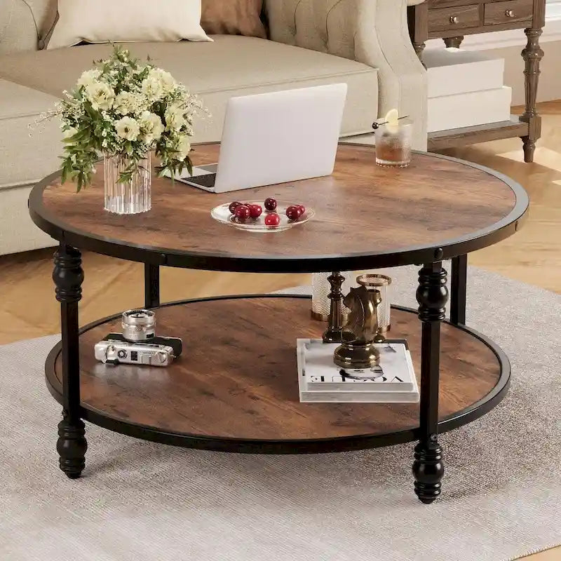 Table Basse Ronde à 2 Niveaux Marron, 1 Personne