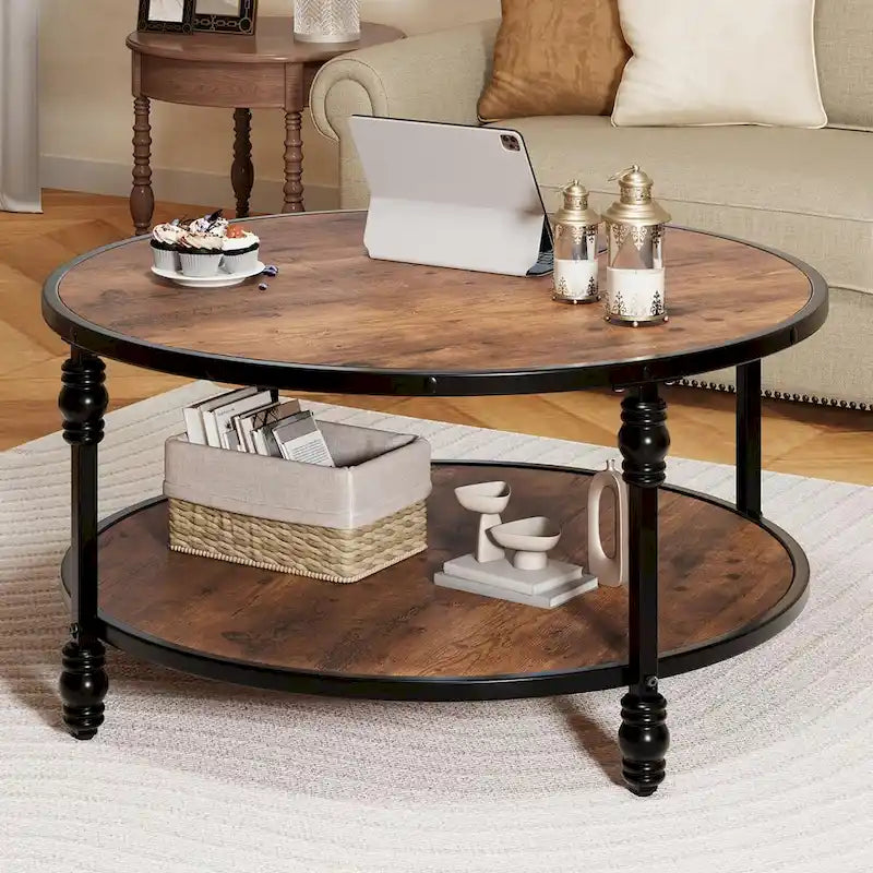Table Basse Ronde à 2 Niveaux Marron, 1 Personne