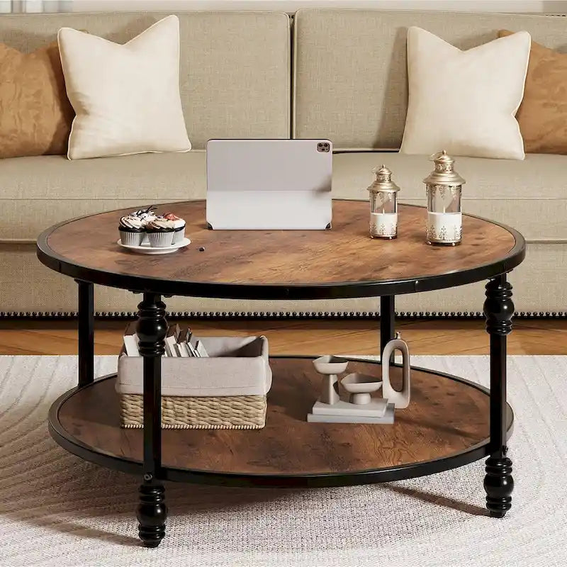 Table Basse Ronde à 2 Niveaux Marron, 1 Personne
