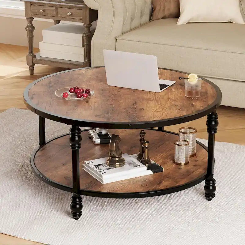 Table Basse Ronde à 2 Niveaux Marron, 1 Personne