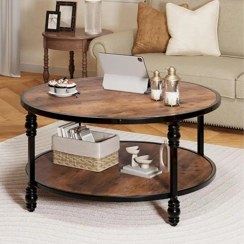 Table Basse Ronde à 2 Niveaux Marron, 1 Personne